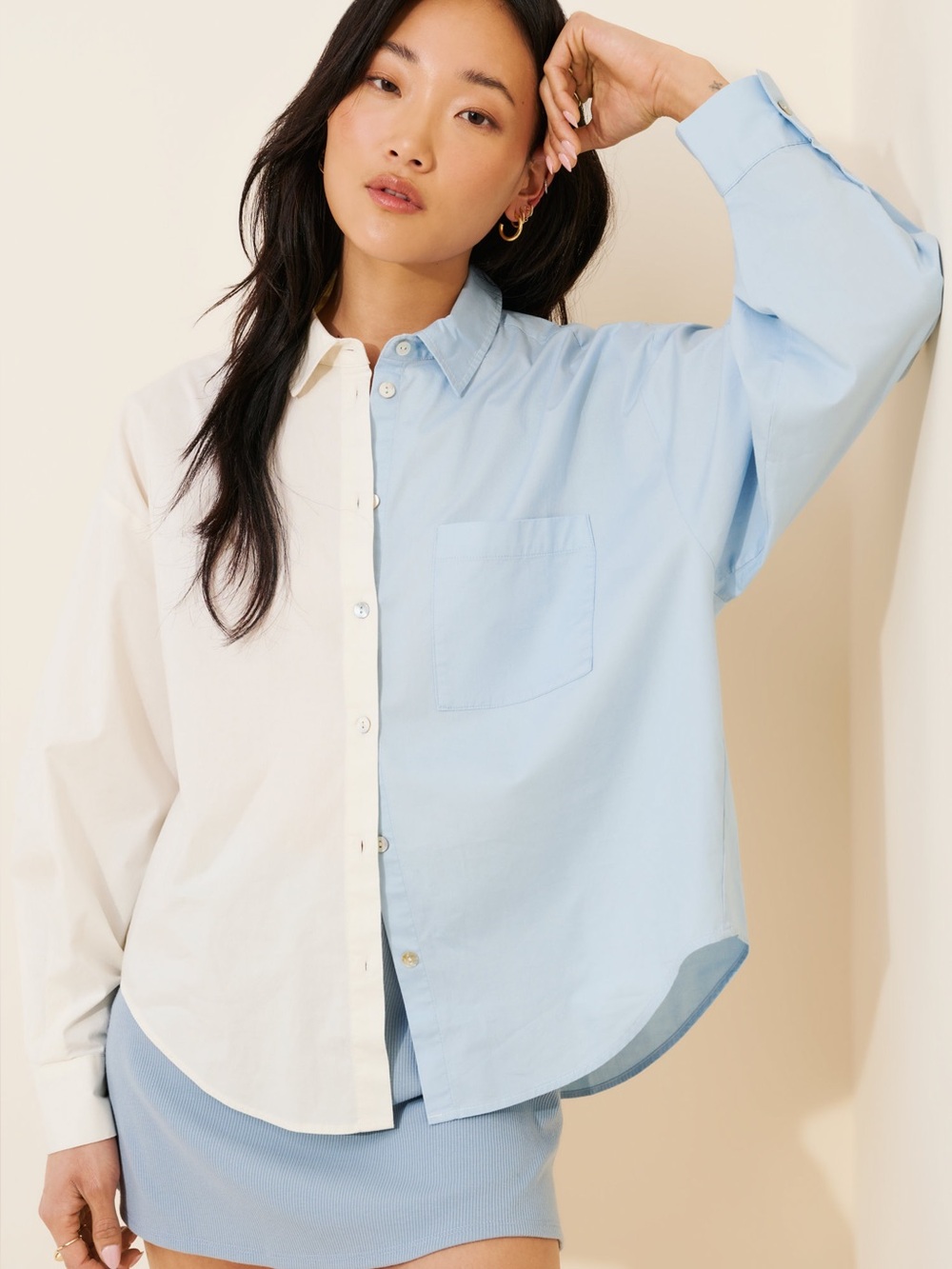 Pistola Sloane Colorblock Button Down Shirt Light Blue and White Size XS Cotton